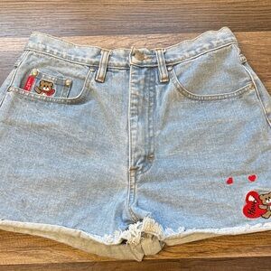 vintage "no excuses" denim high-waisted embroidered teddy bears and hearts